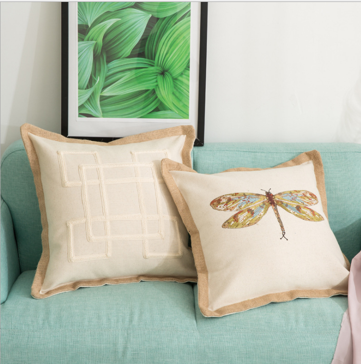 Linen geometric embroidery  pillow solid color woven linen cushion
