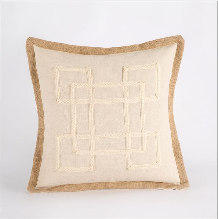 Linen geometric embroidery  pillow solid color woven linen cushion