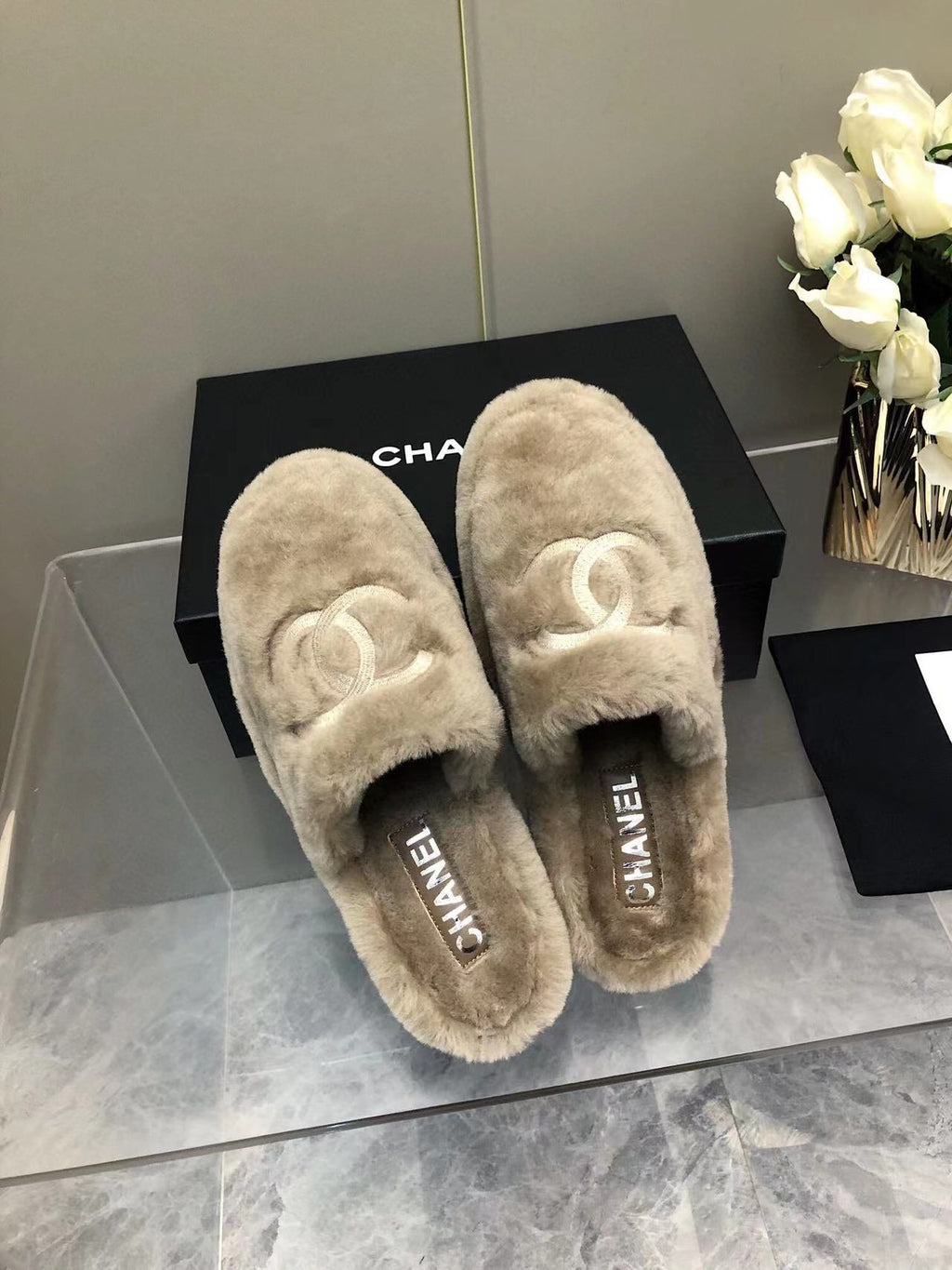 Chanel Fluffy Slippers Slides Gray
