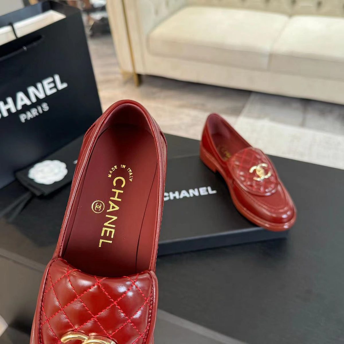 Chanel Moccasins Red Quilted Lambskin