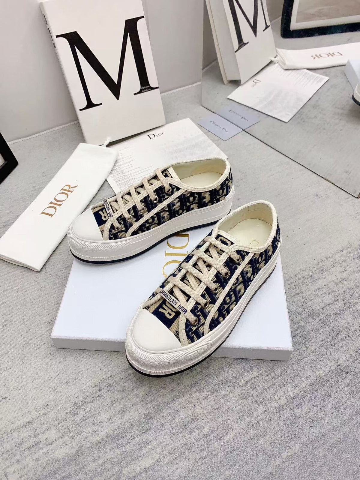 Dior Walkn 45 Beige Blue Oblique Embroi-Dery Canvas