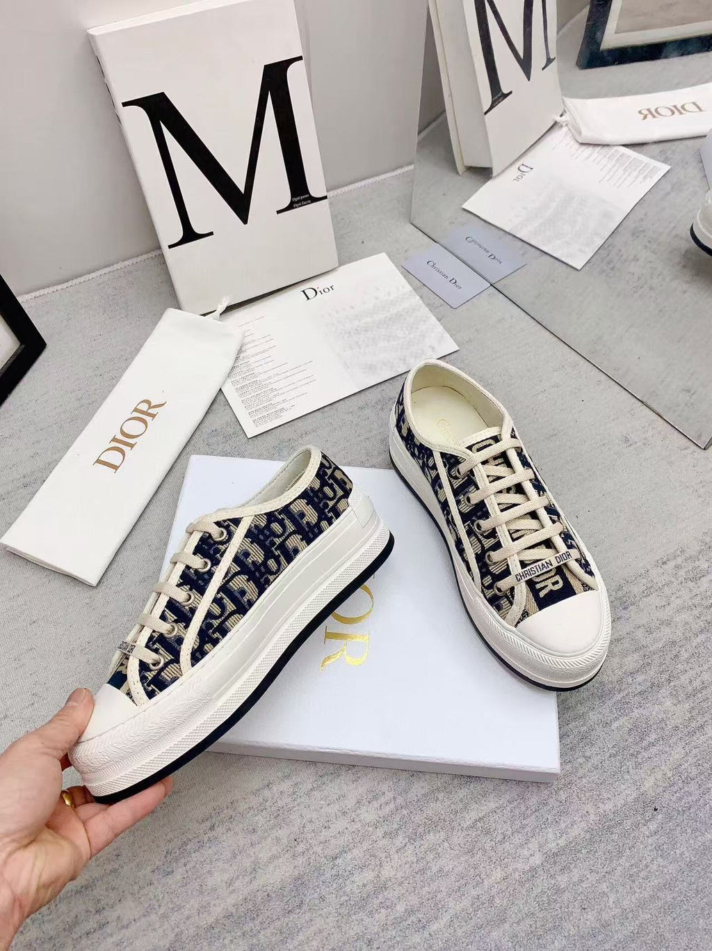 Dior Walkn 45 Beige Blue Oblique Embroi-Dery Canvas