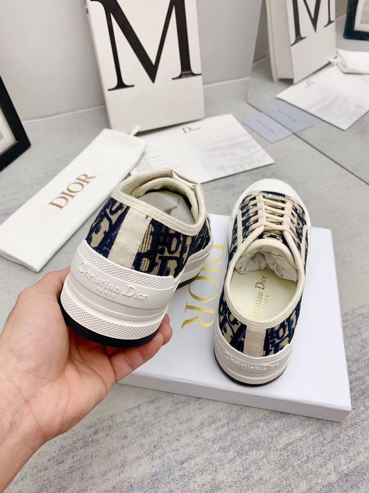 Dior Walkn 45 Beige Blue Oblique Embroi-Dery Canvas