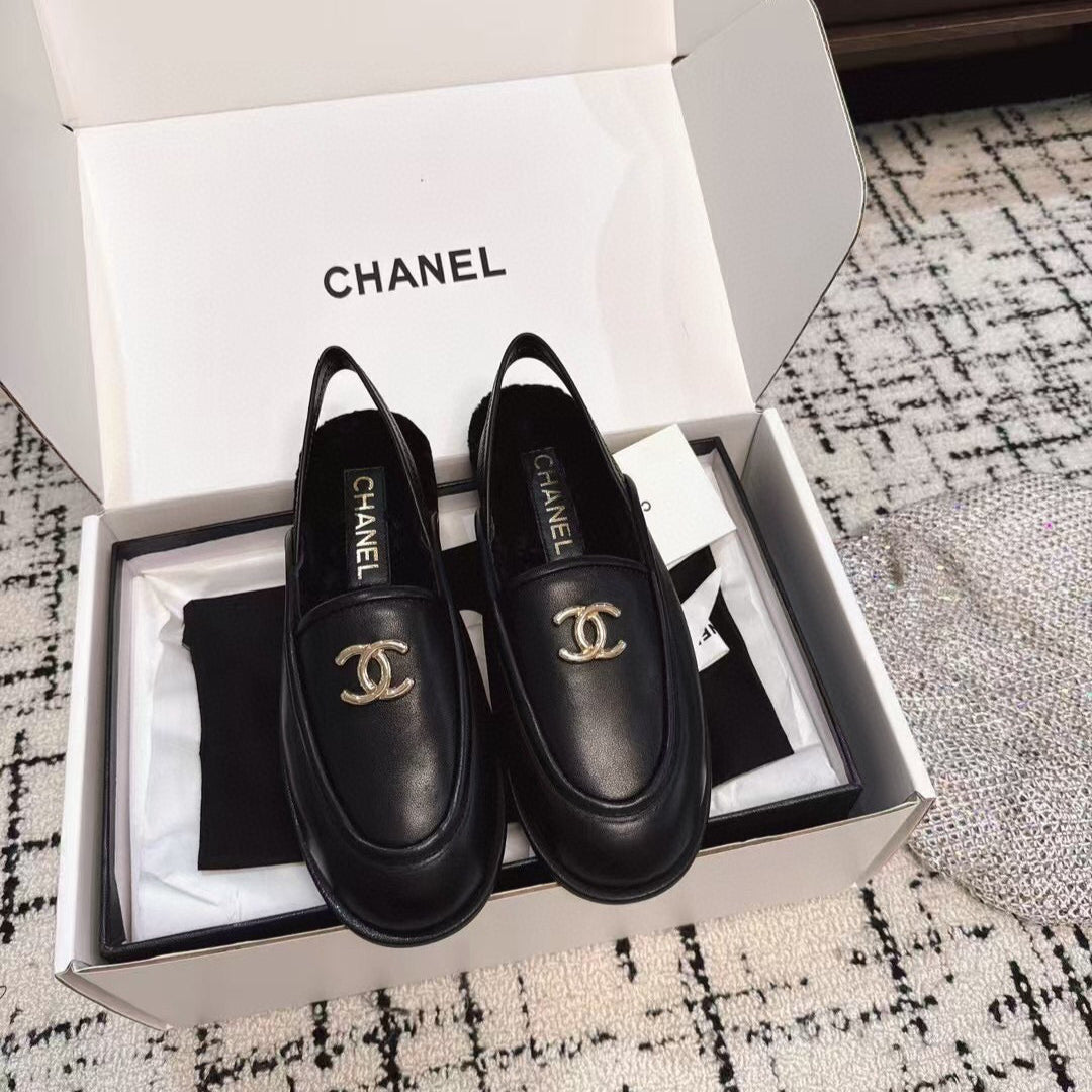 Chanel Slingback Loafer in Black Calfskin and Shearling
