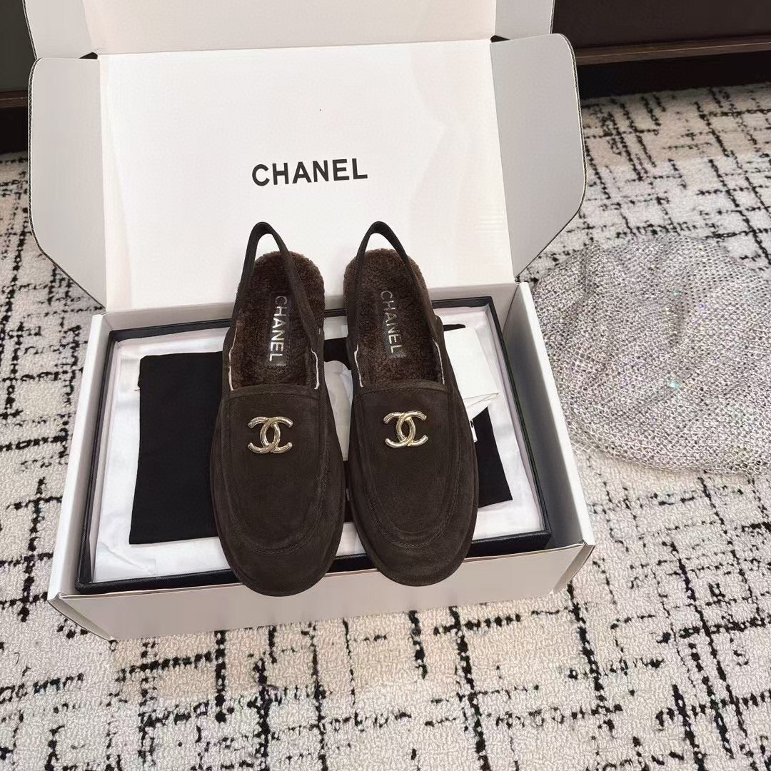 Chanel Slingback Loafer in Brown Suede and Shearling