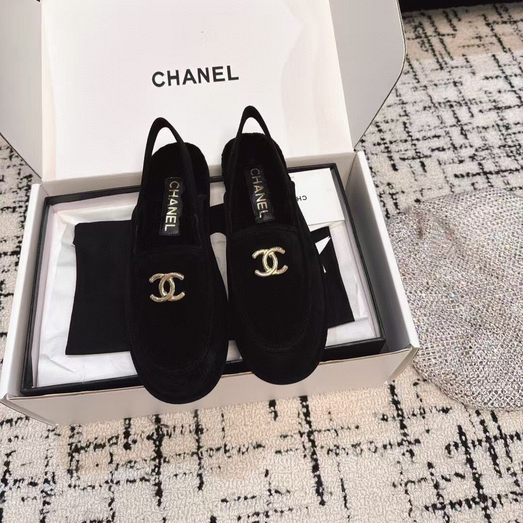 Chanel Slingback Loafer in Black Suede and Shearling