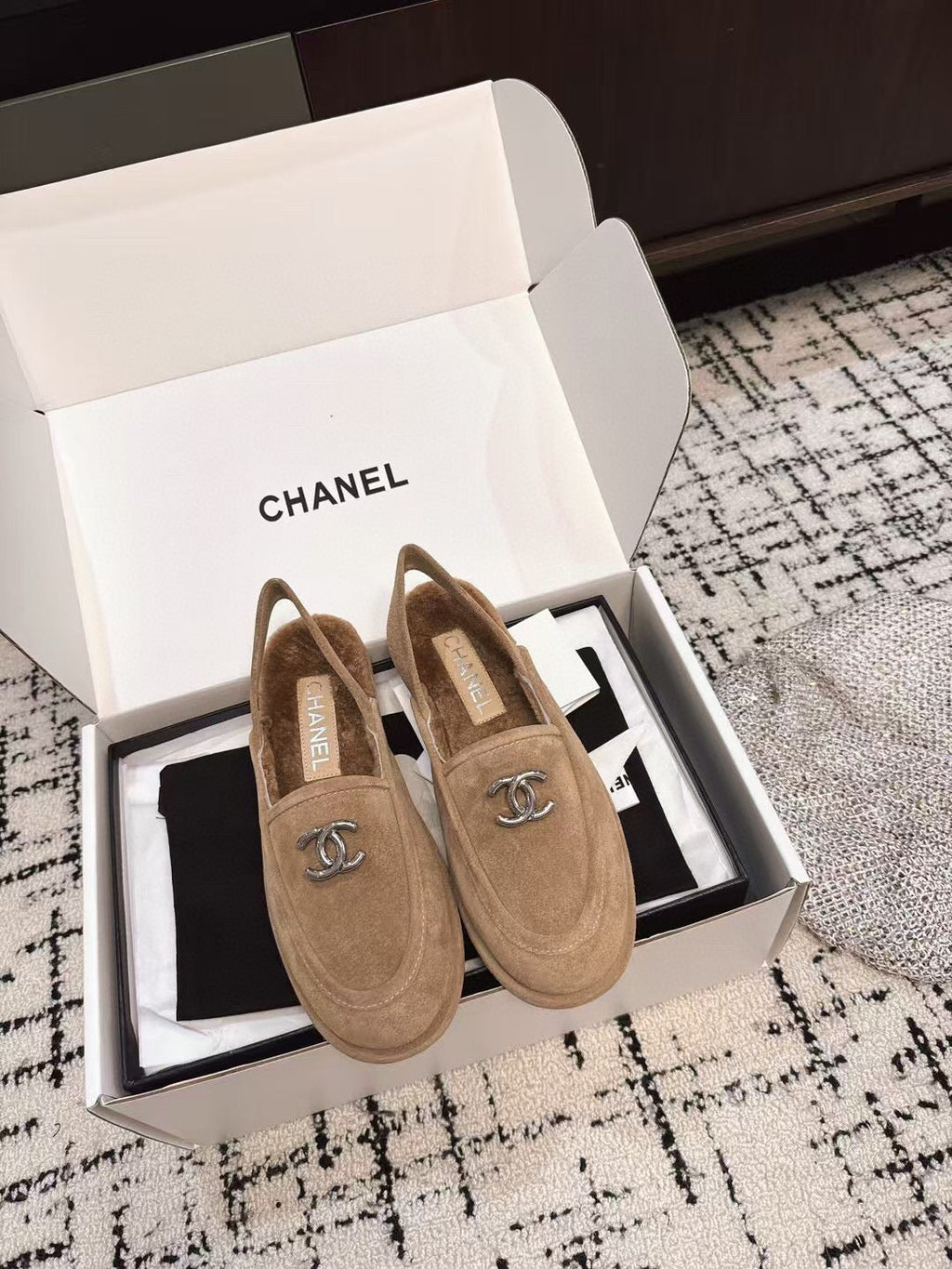 Chanel Slingback Loafer in Dark Beige Suede and Shearling