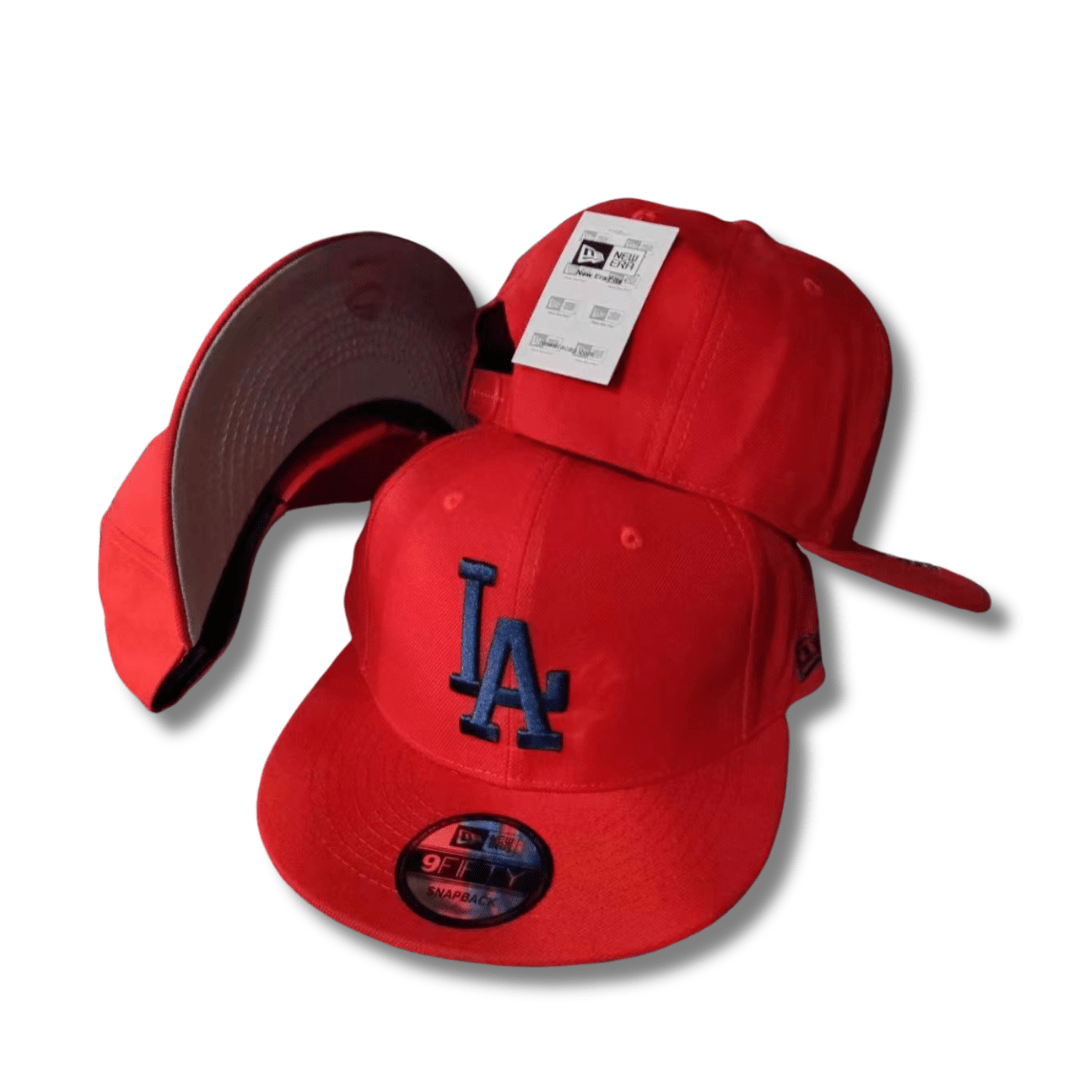 2024 LA Dodgers Straight Brim Baseball Cap, Adjustable, Red W Navy LA LOGO - Stapback