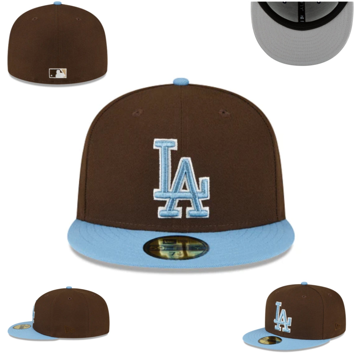 Los Angeles Dodgers Fitted Hat - Brown with Light Blue Brim and Logo