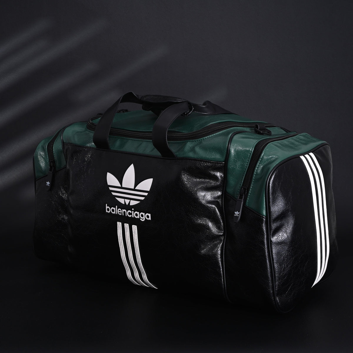 Balenciaga x adidas Large Duffel Travel Bag - Black & Green with Trefoil Logo and Triple Stripes