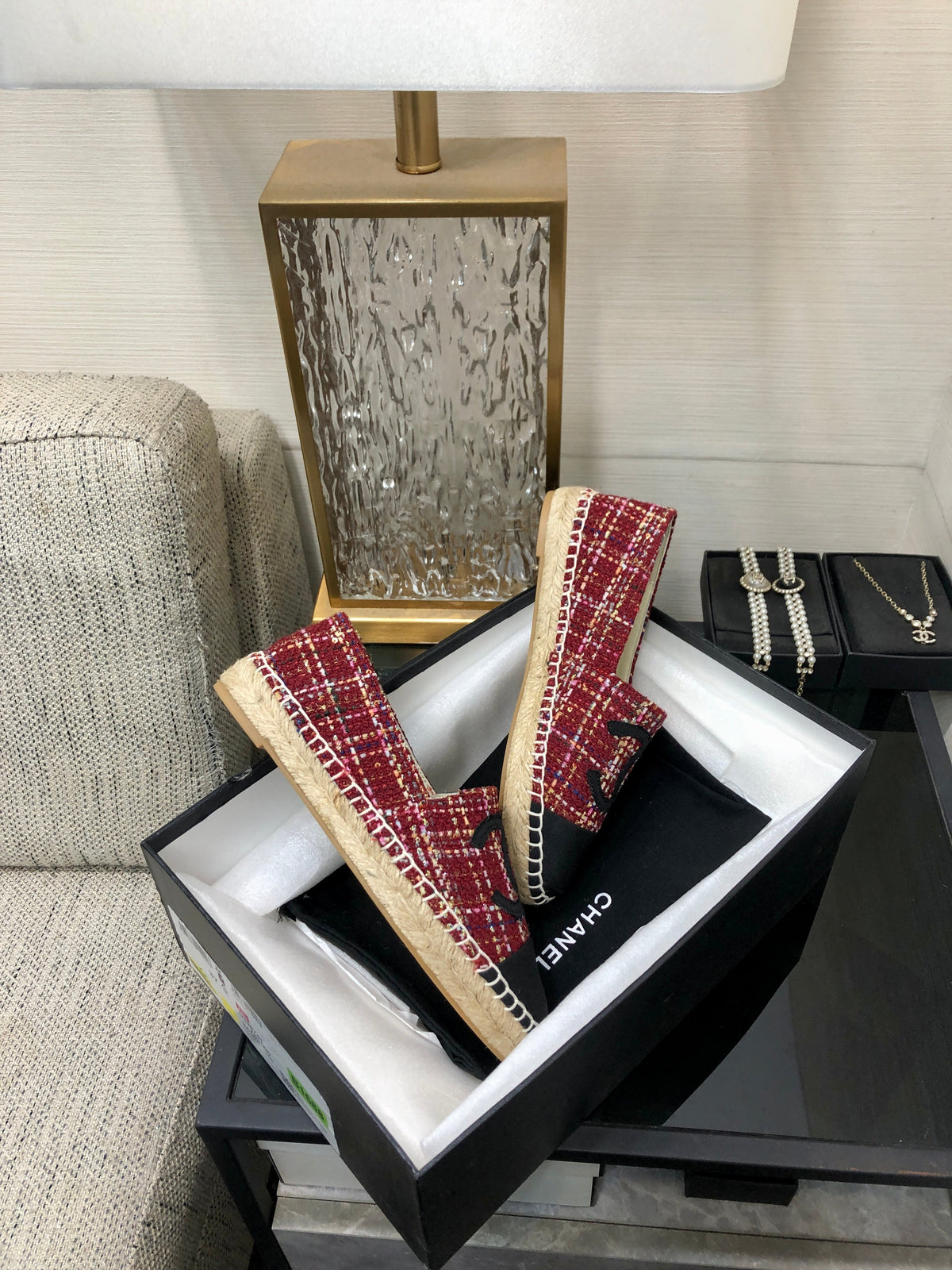 Chanel Espadrille Black Mix Crimson Red Tweed Fabric Flats