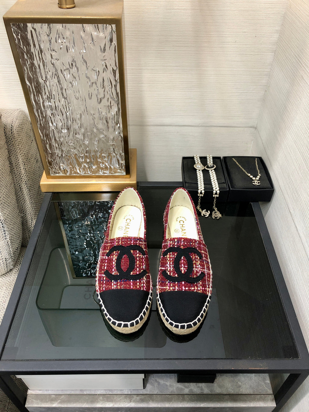 Chanel Espadrille Black Mix Crimson Red Tweed Fabric Flats