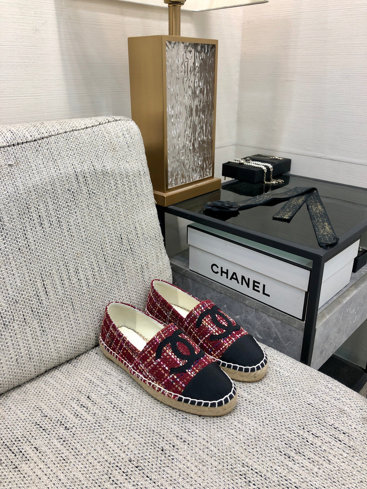 Chanel Espadrille Black Mix Crimson Red Tweed Fabric Flats