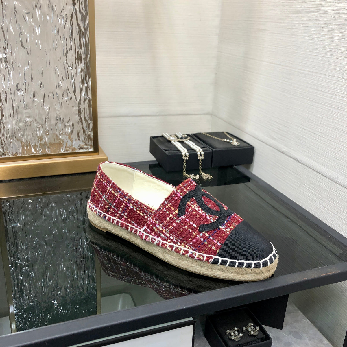Chanel Espadrille Black Mix Crimson Red Tweed Fabric Flats