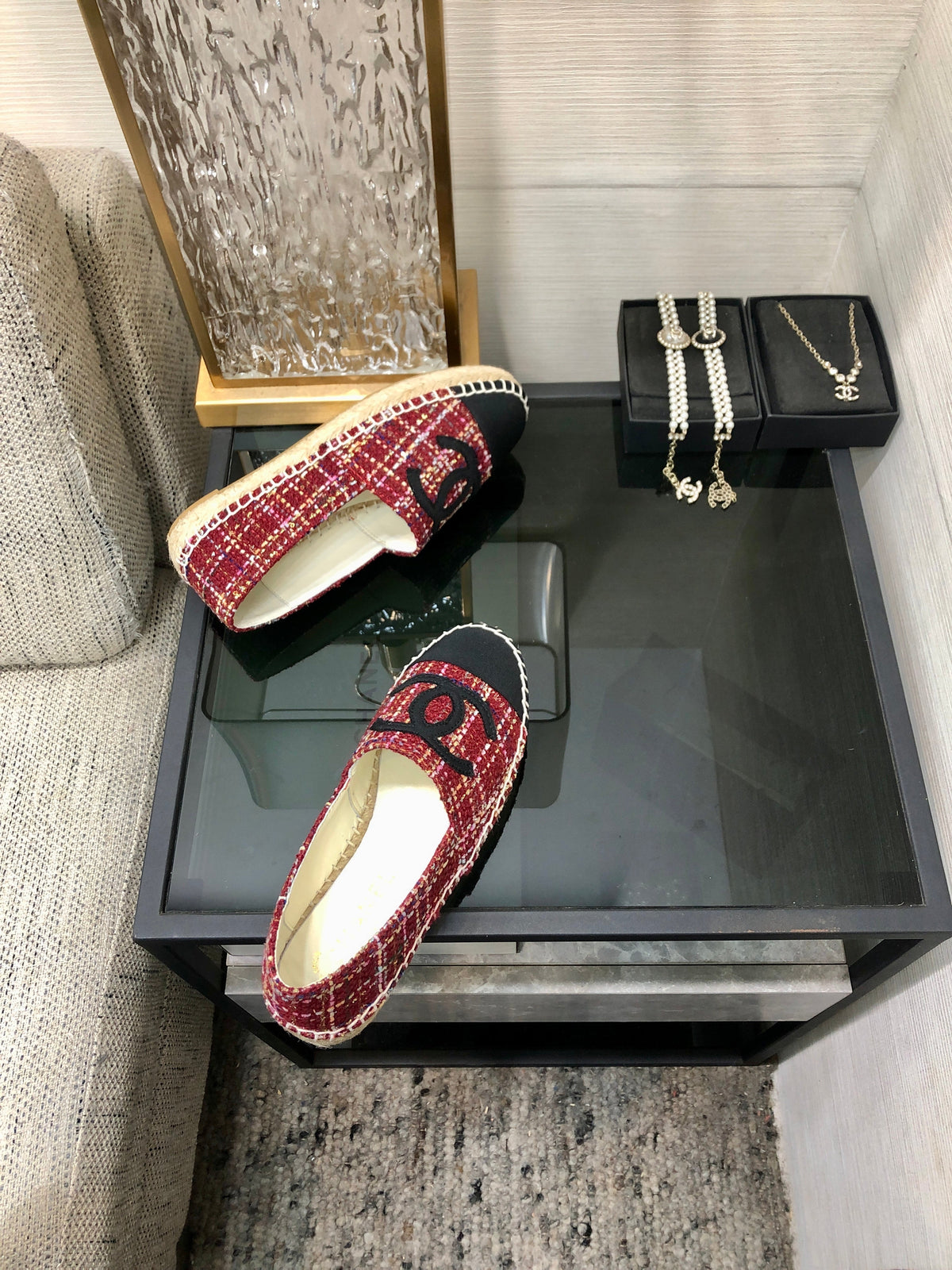 Chanel Espadrille Black Mix Crimson Red Tweed Fabric Flats
