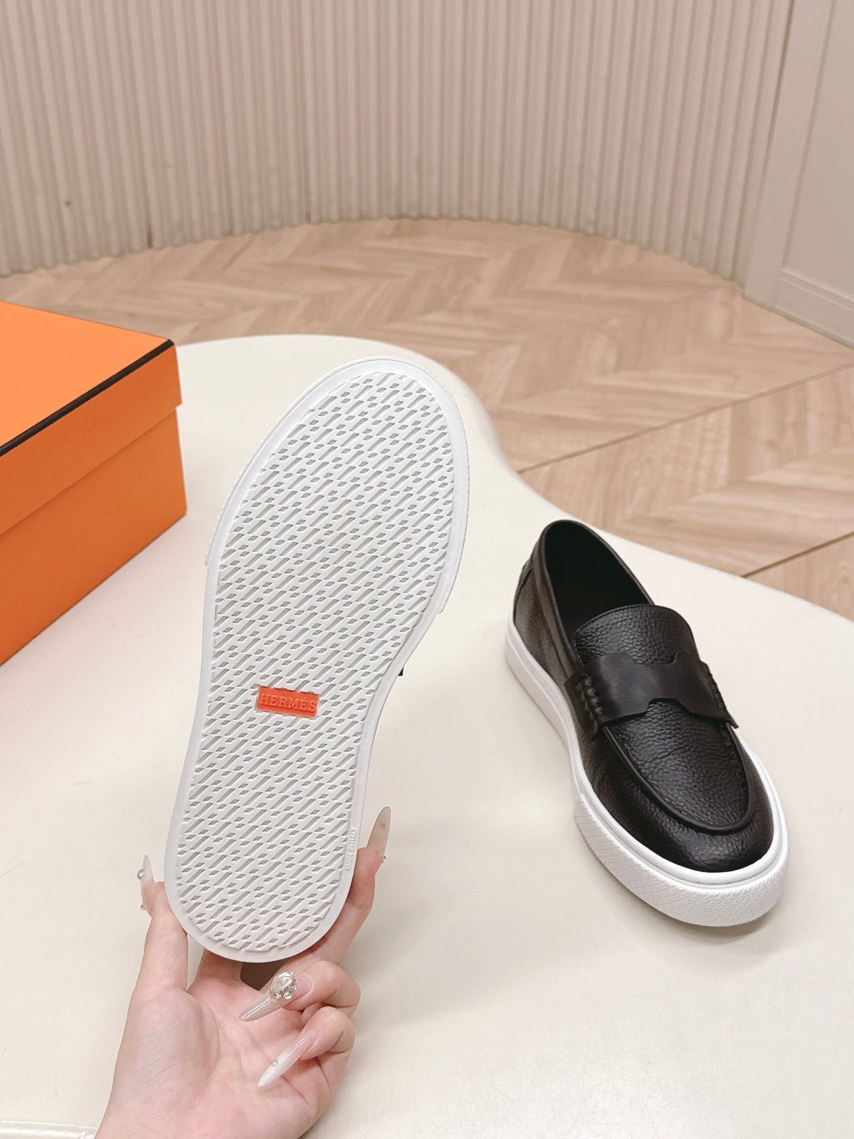 Hermes 25S Slip-On in Black Grained Leather