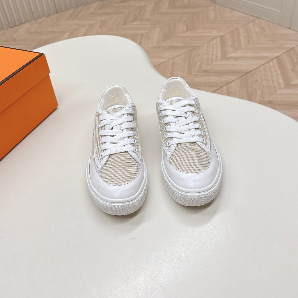 Hermes 25S Sneaker Low Sports in Beige Canvas Mix White Lambskin