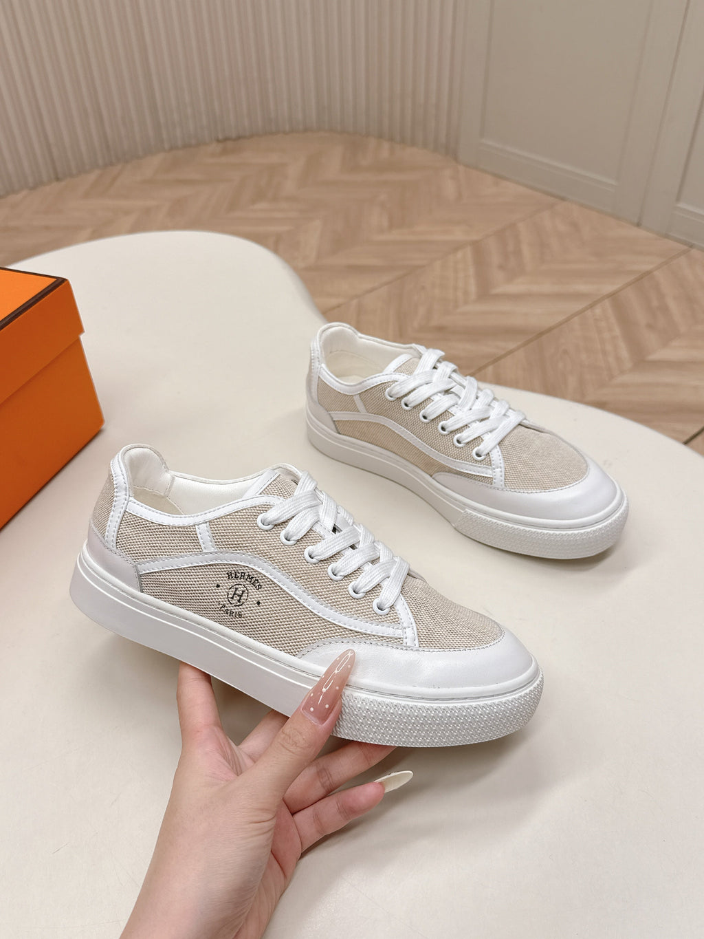 Hermes 25S Sneaker Low Sports in Beige Canvas Mix White Lambskin