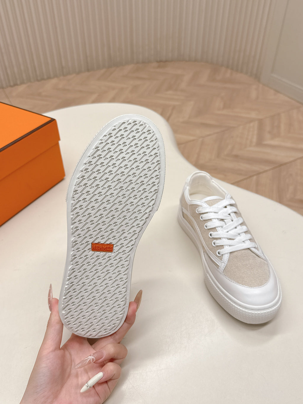 Hermes 25S Sneaker Low Sports in Beige Canvas Mix White Lambskin