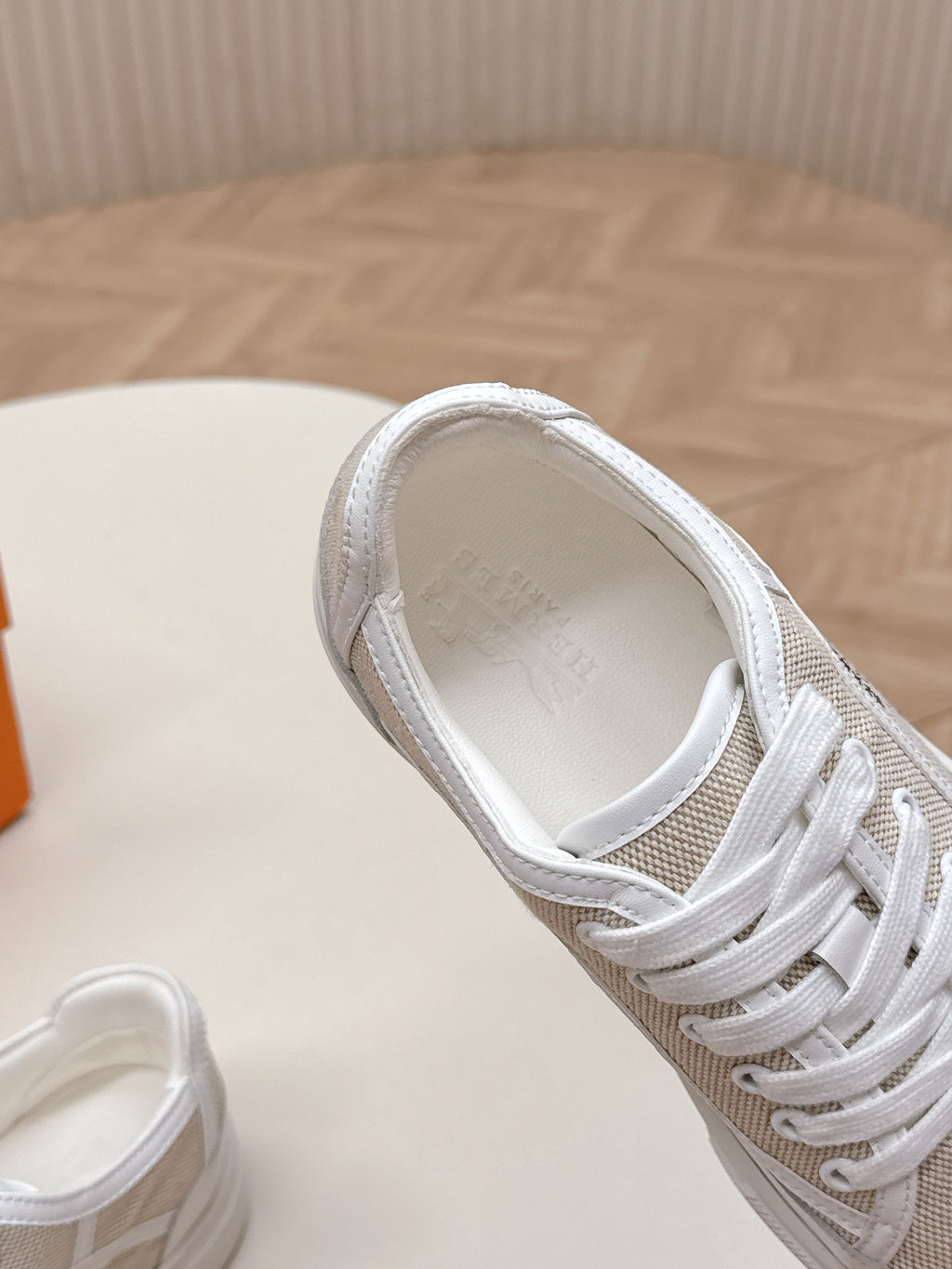 Hermes 25S Sneaker Low Sports in Beige Canvas Mix White Lambskin