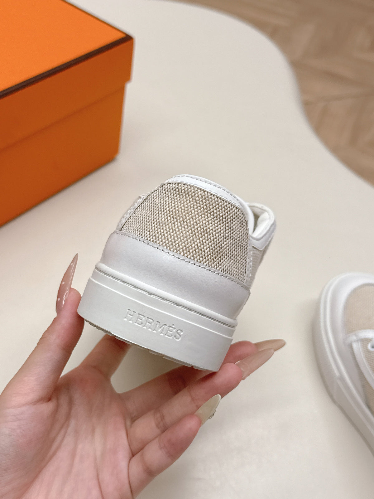 Hermes 25S Sneaker Low Sports in Beige Canvas Mix White Lambskin