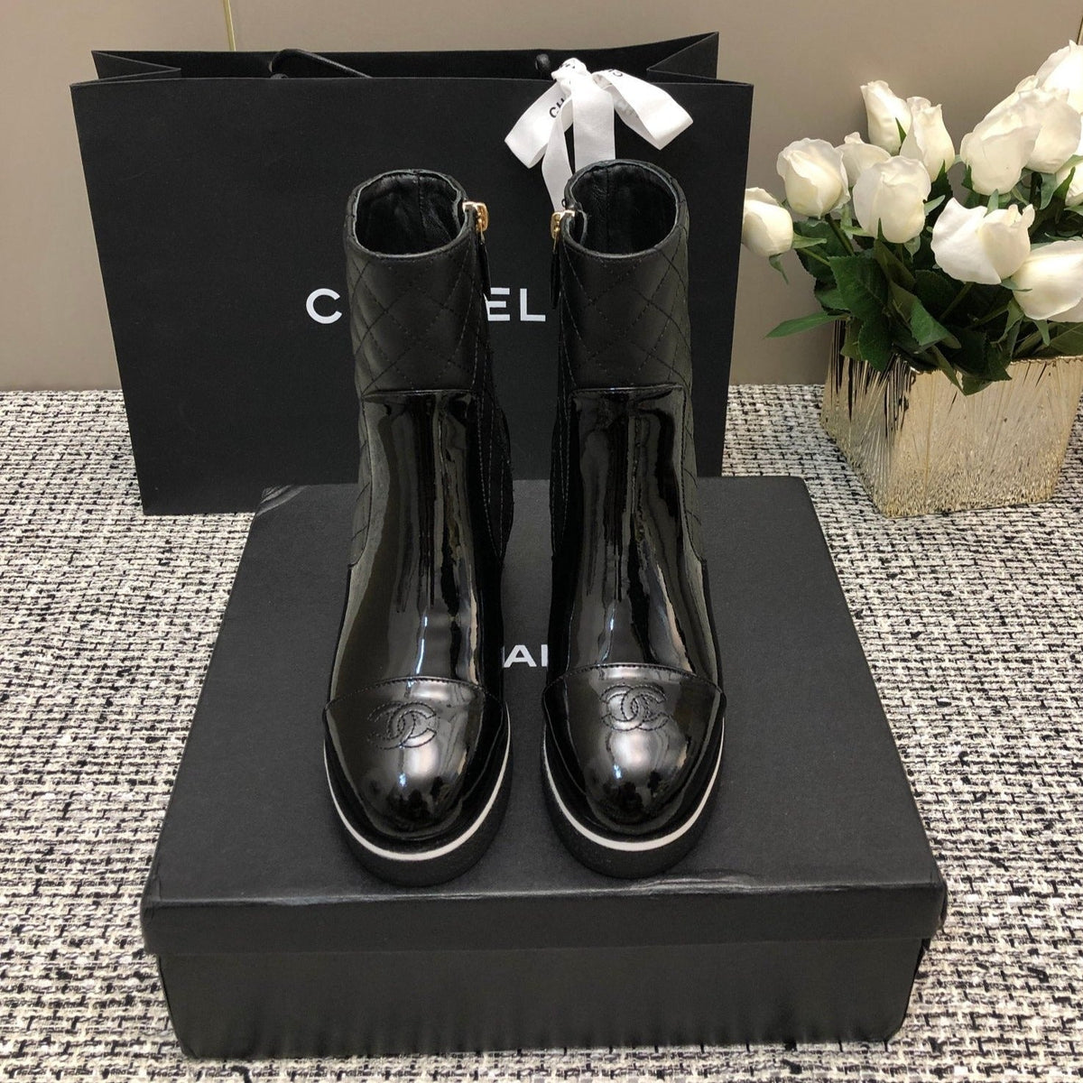 Chanel Round-Toe Short Boots Black Sheepskin