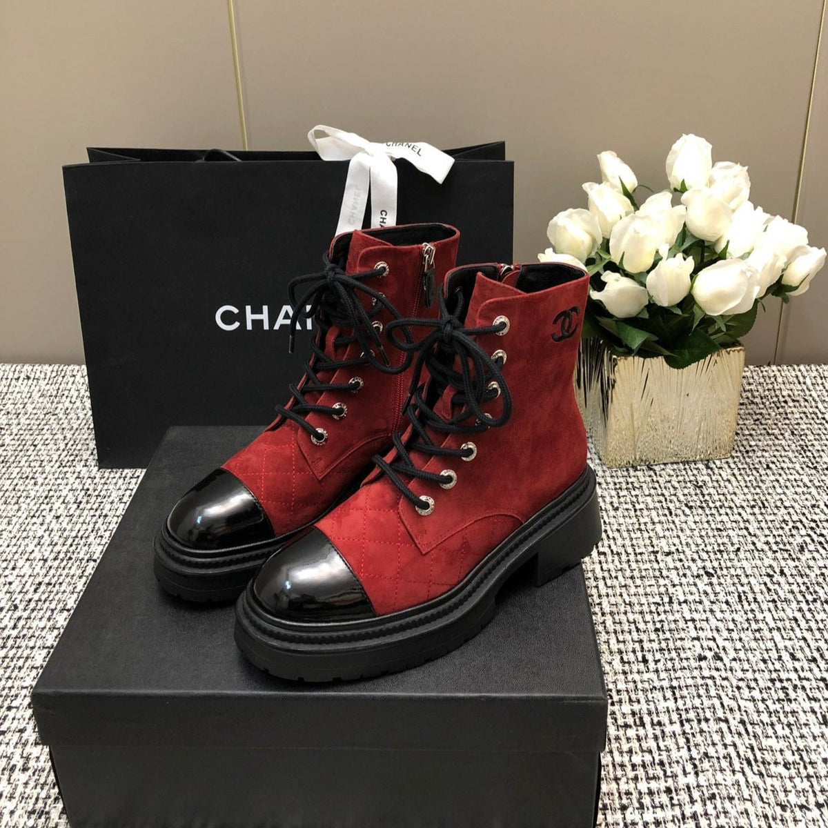 Chanel Short Boots Garnet Red Mix Black Suede Lambskin