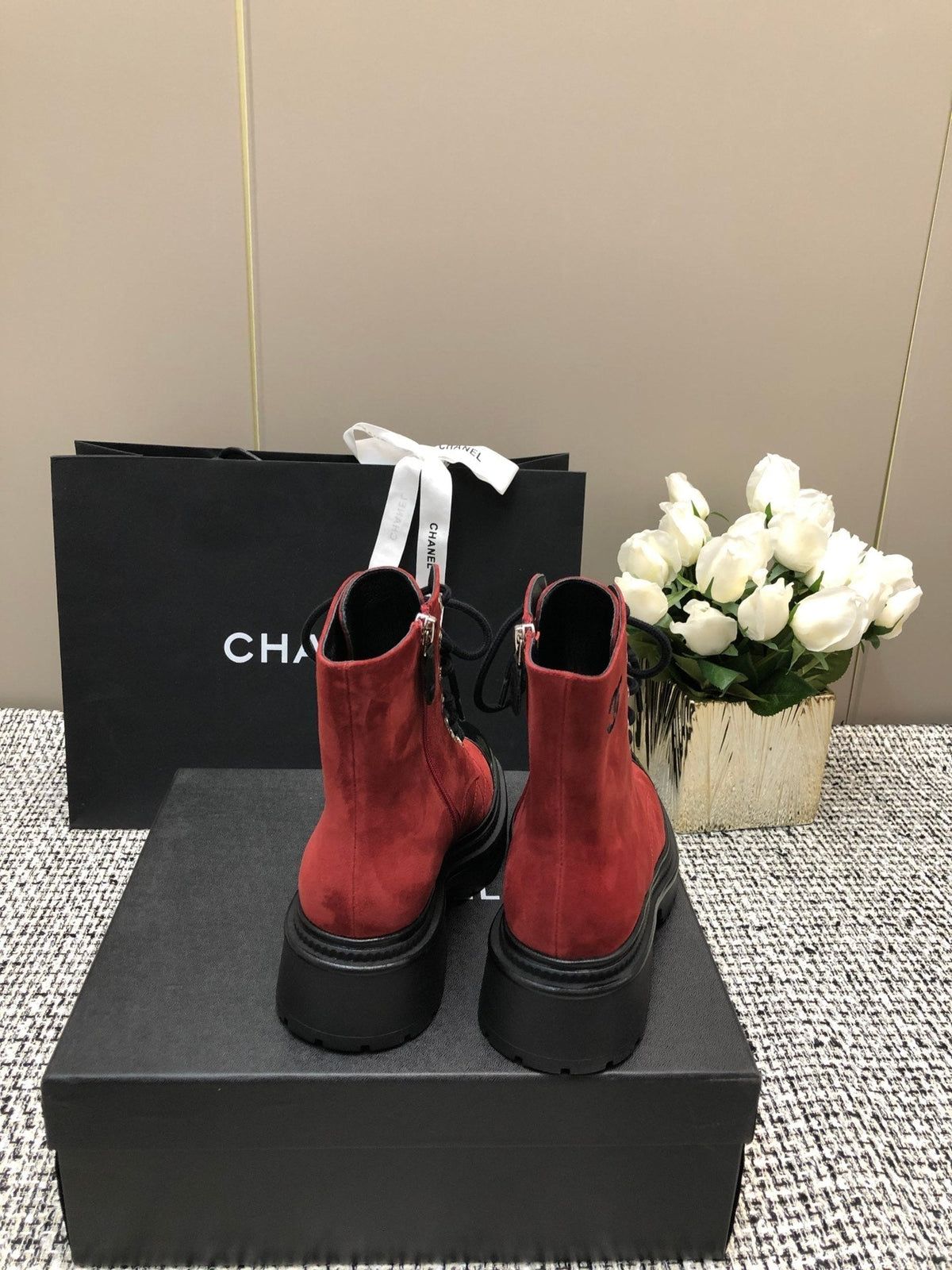 Chanel Short Boots Garnet Red Mix Black Suede Lambskin