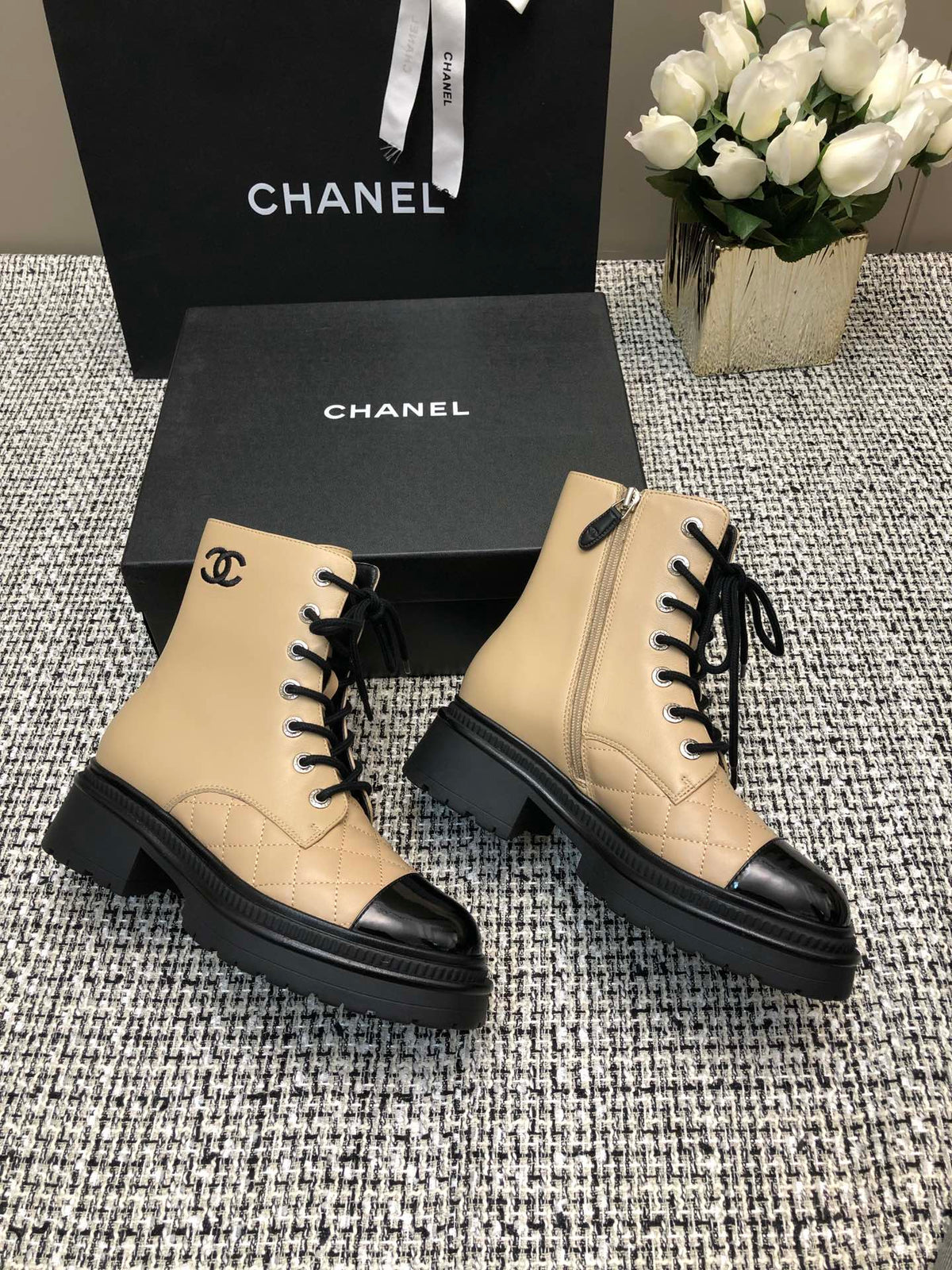Chanel Short Boots Beige Cream Mix Black Suede Lambskin