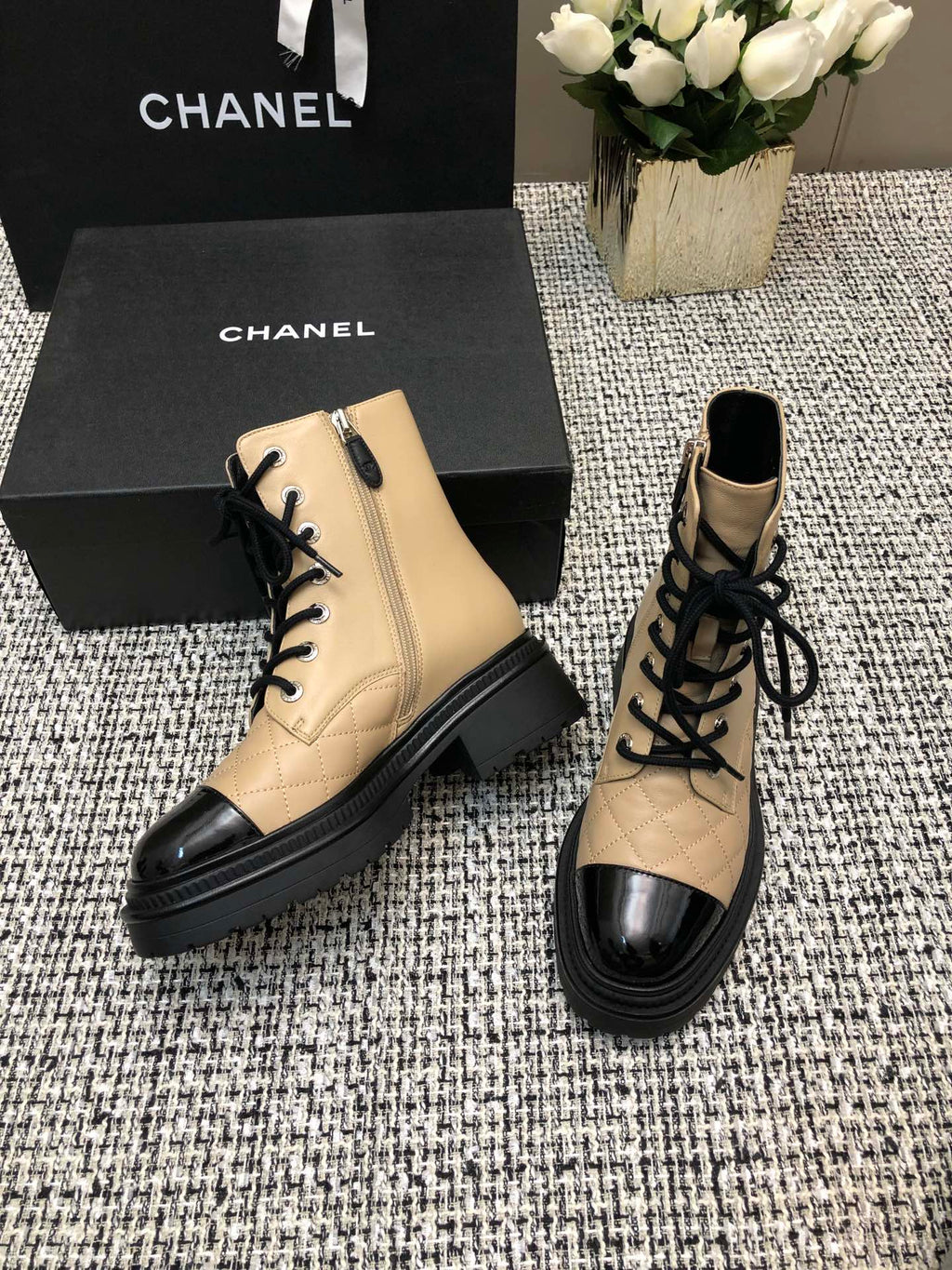 Chanel Short Boots Beige Cream Mix Black Suede Lambskin