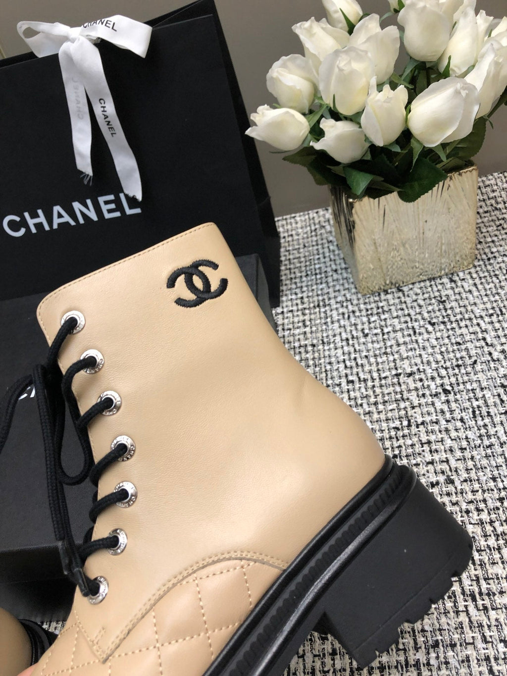Chanel Short Boots Beige Cream Mix Black Suede Lambskin