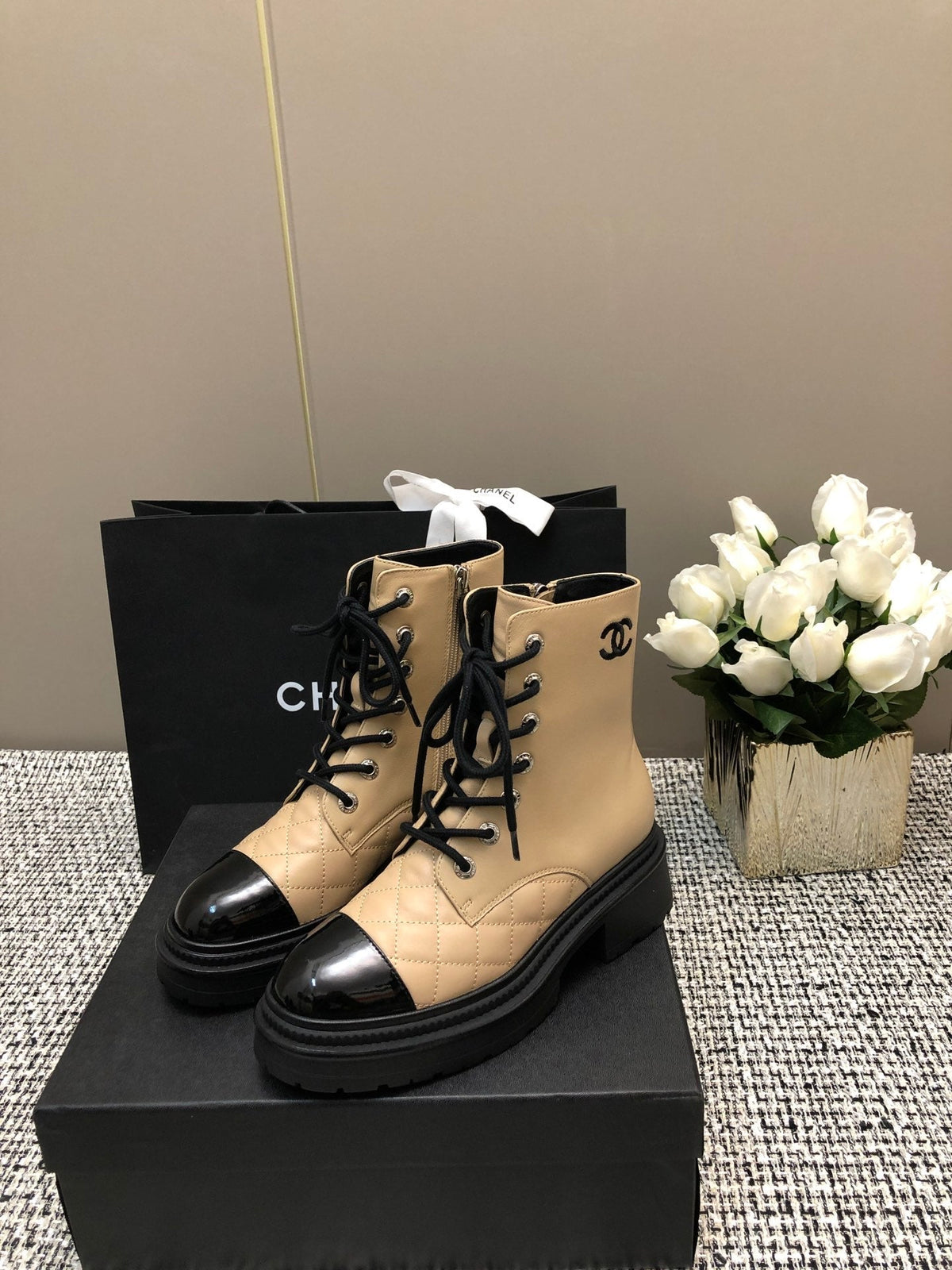 Chanel Short Boots Beige Cream Mix Black Suede Lambskin