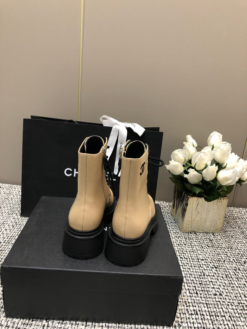 Chanel Short Boots Beige Cream Mix Black Suede Lambskin