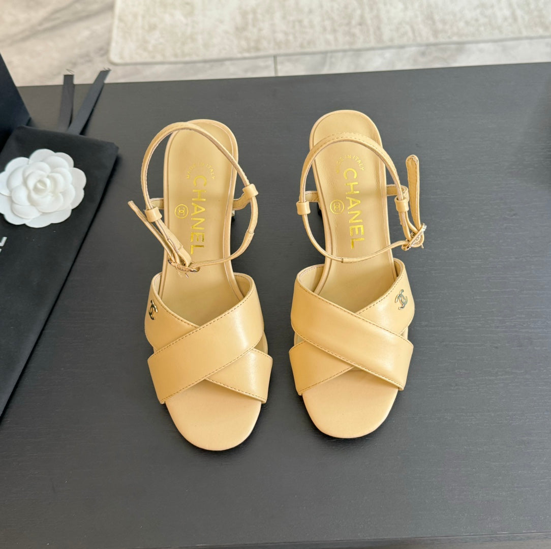 Chanel High Sandals Lambskin Yellow Cream