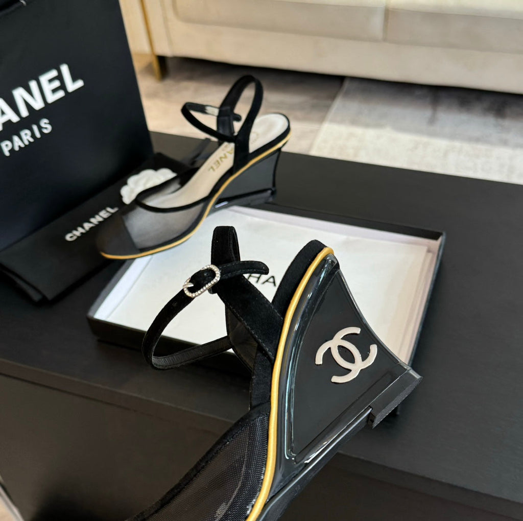 Chanel Waterproof Platform High Heels Transparent Heel Mesh Black