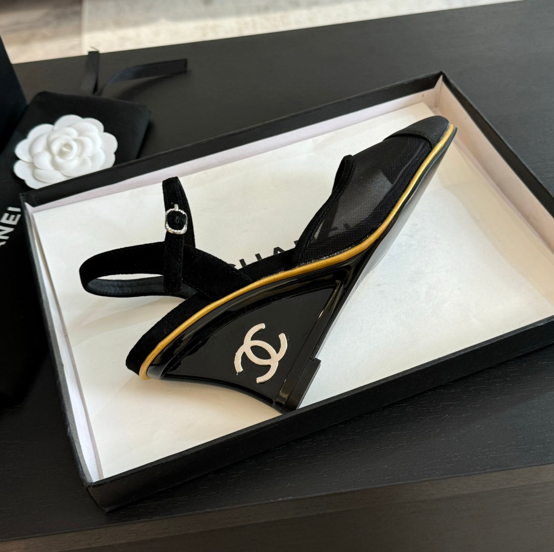 Chanel Waterproof Platform High Heels Transparent Heel Mesh Black