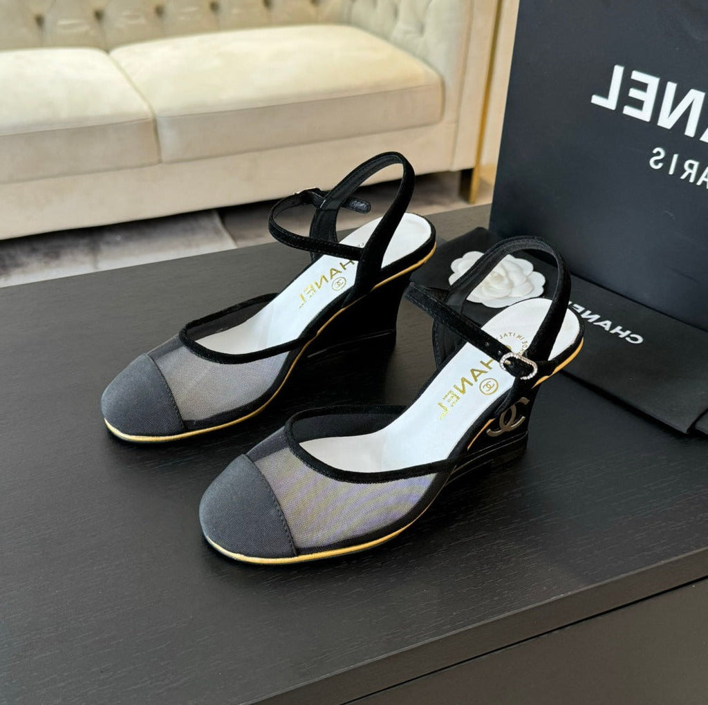 Chanel Waterproof Platform High Heels Transparent Heel Mesh Black