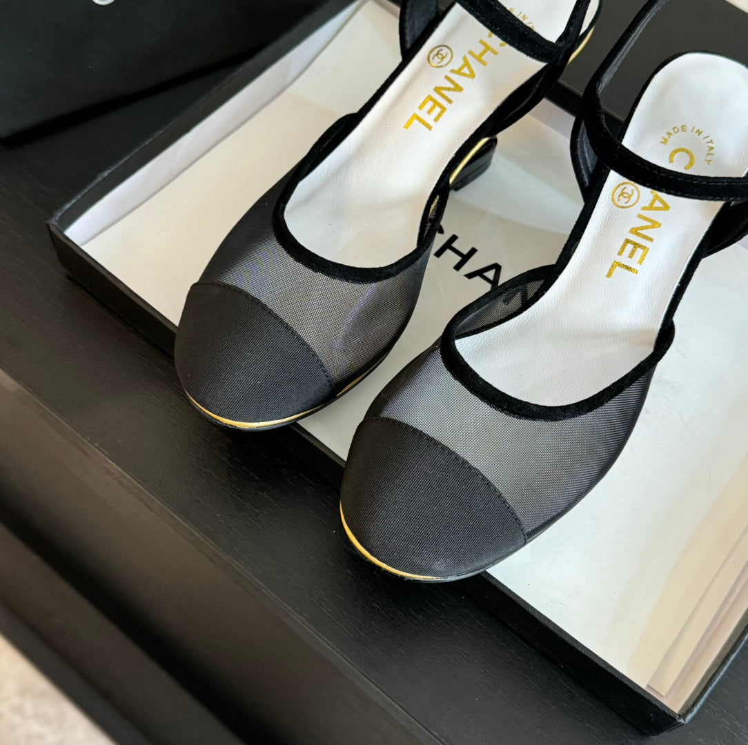 Chanel Waterproof Platform High Heels Transparent Heel Mesh Black