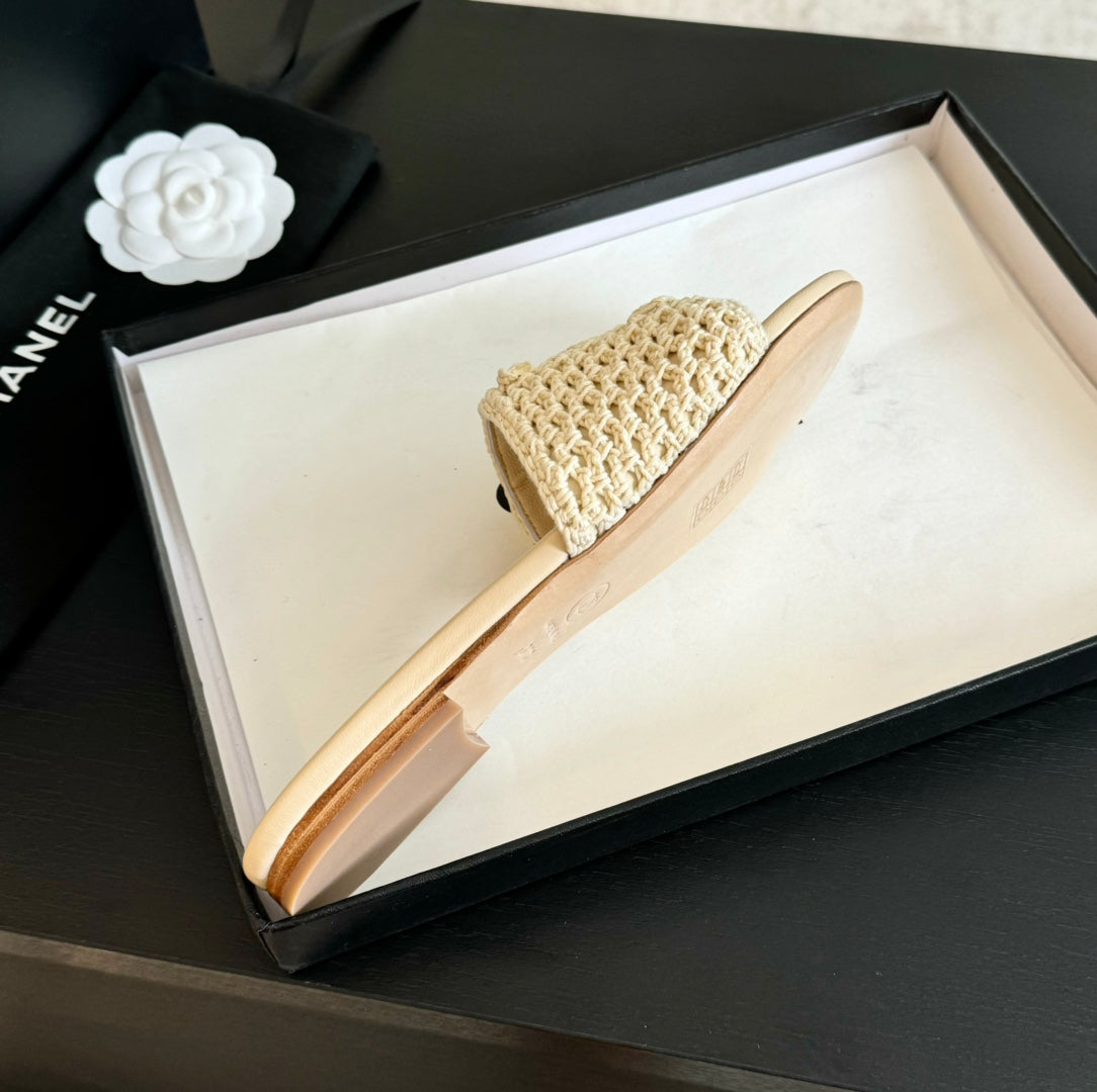 Chanel Slippers Beige Cream Lambskin