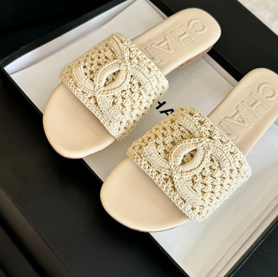 Chanel Slippers Beige Cream Lambskin