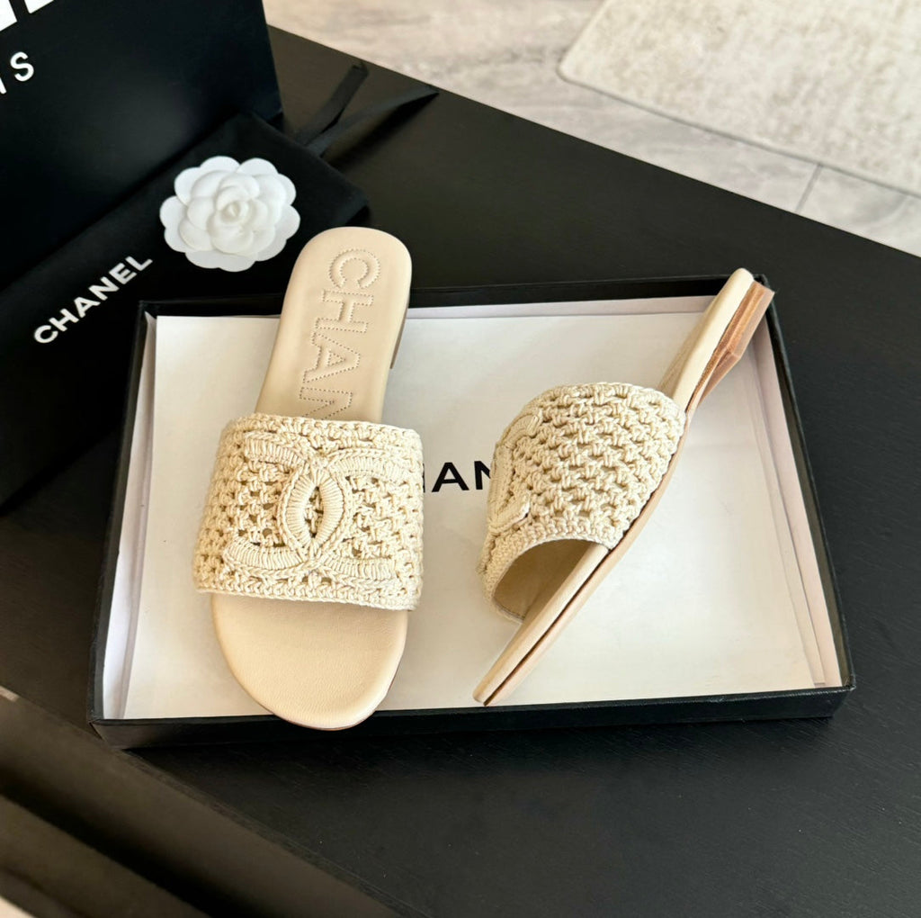 Chanel Slippers Beige Cream Lambskin