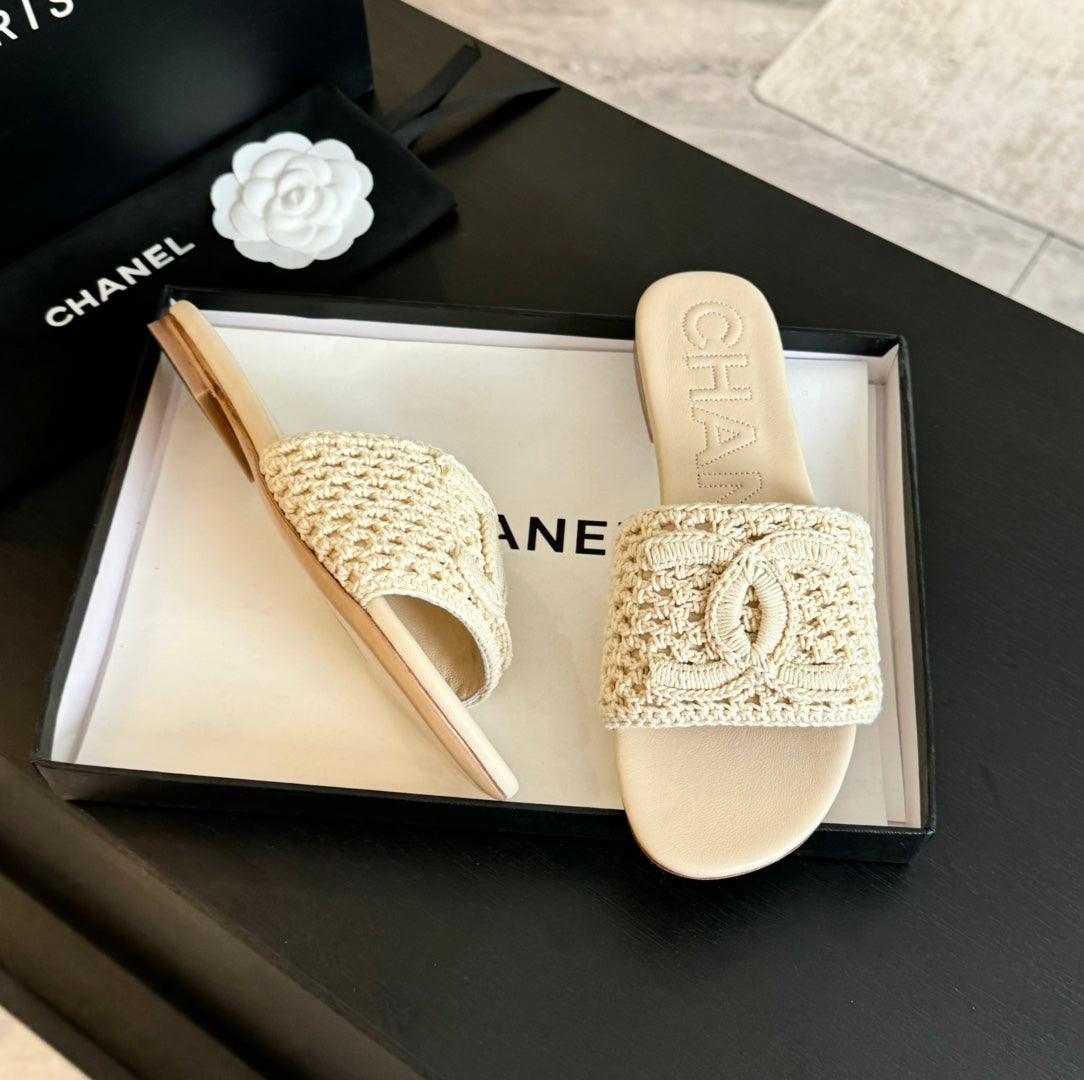 Chanel Slippers Beige Cream Lambskin