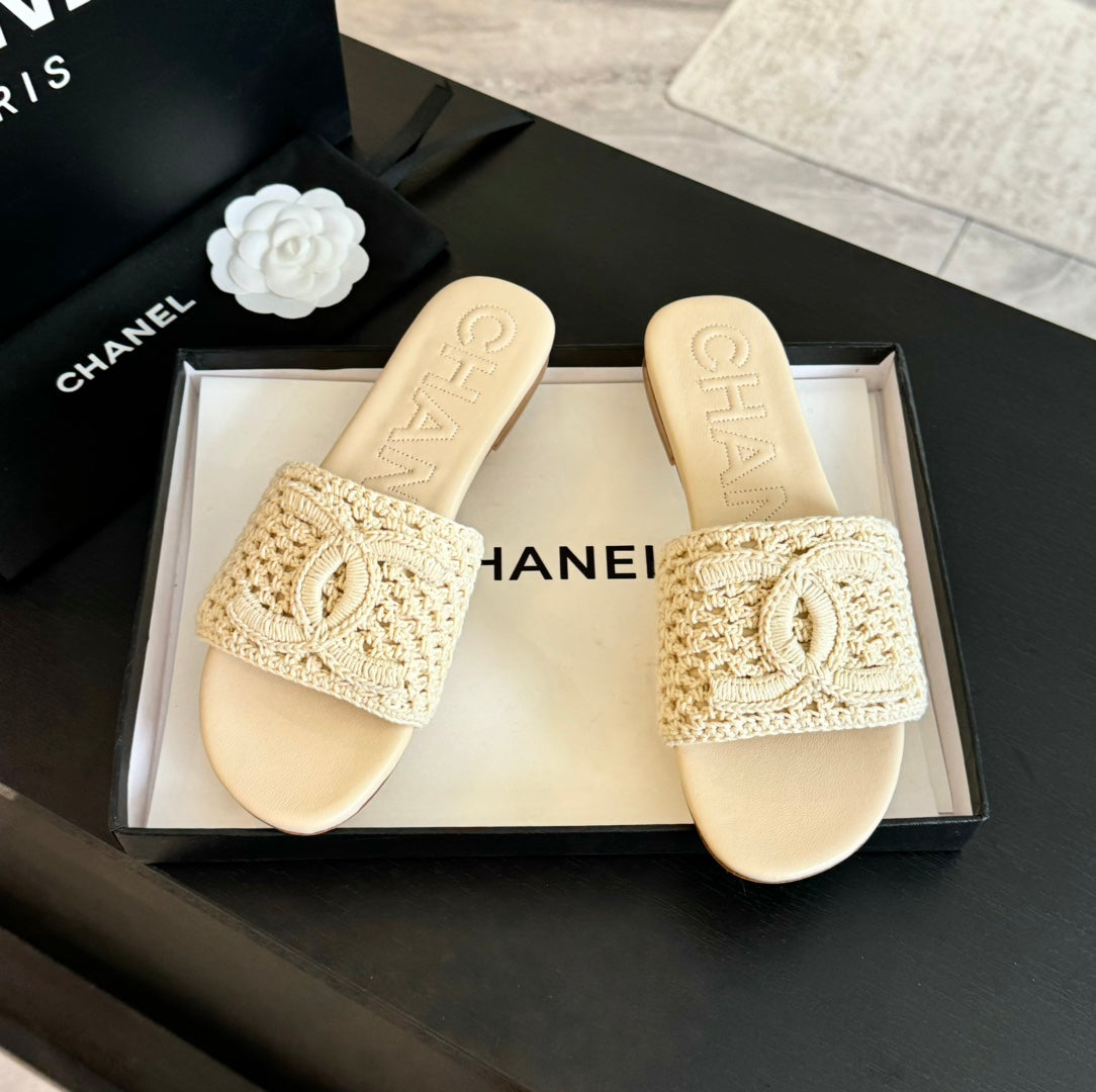Chanel Slippers Beige Cream Lambskin