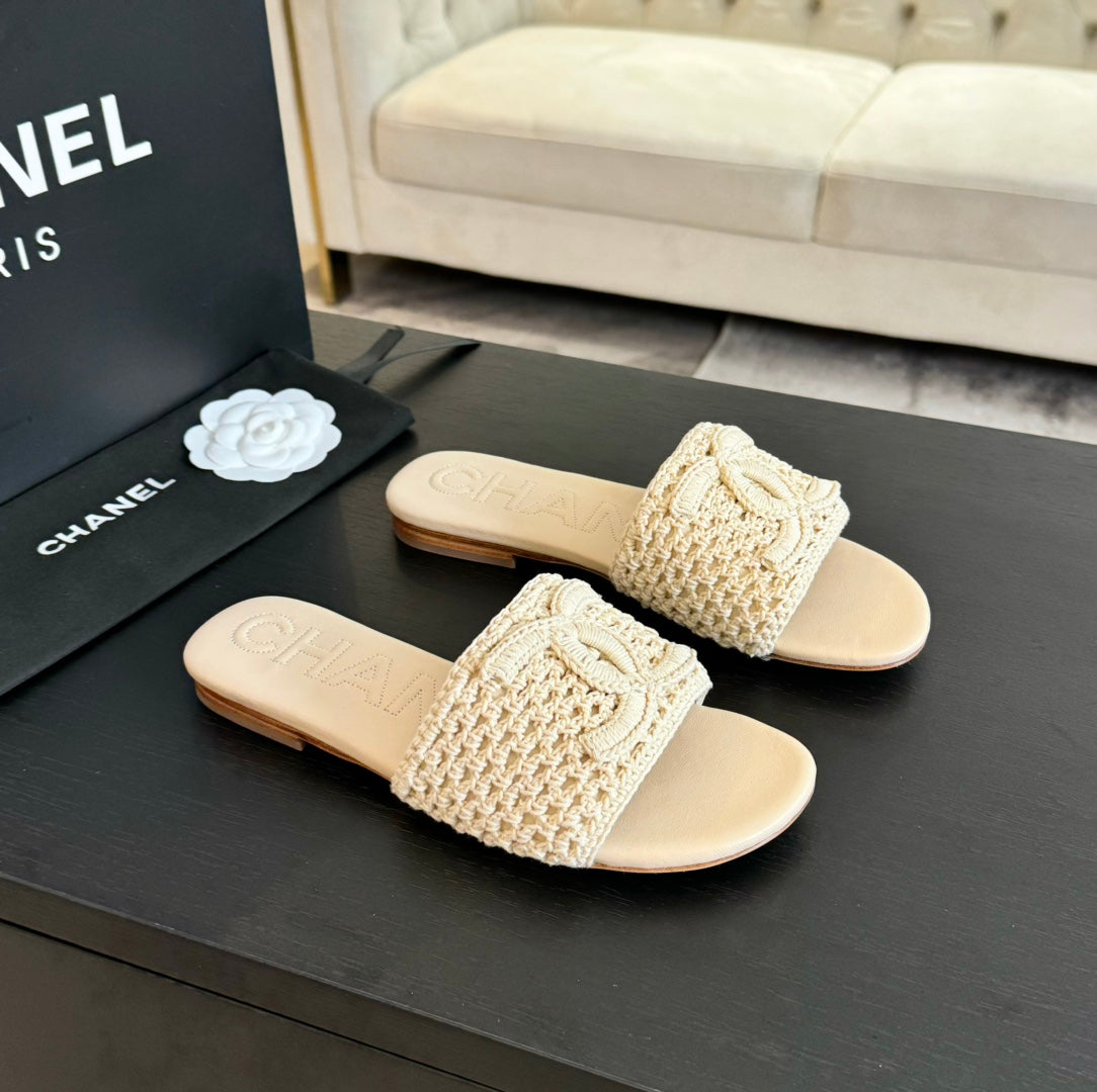 Chanel Slippers Beige Cream Lambskin