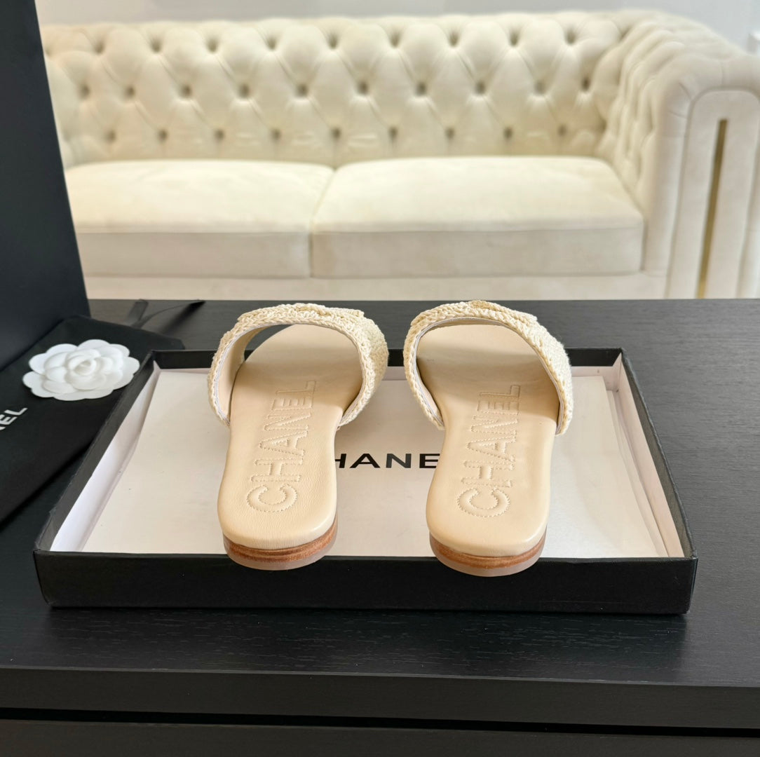Chanel Slippers Beige Cream Lambskin