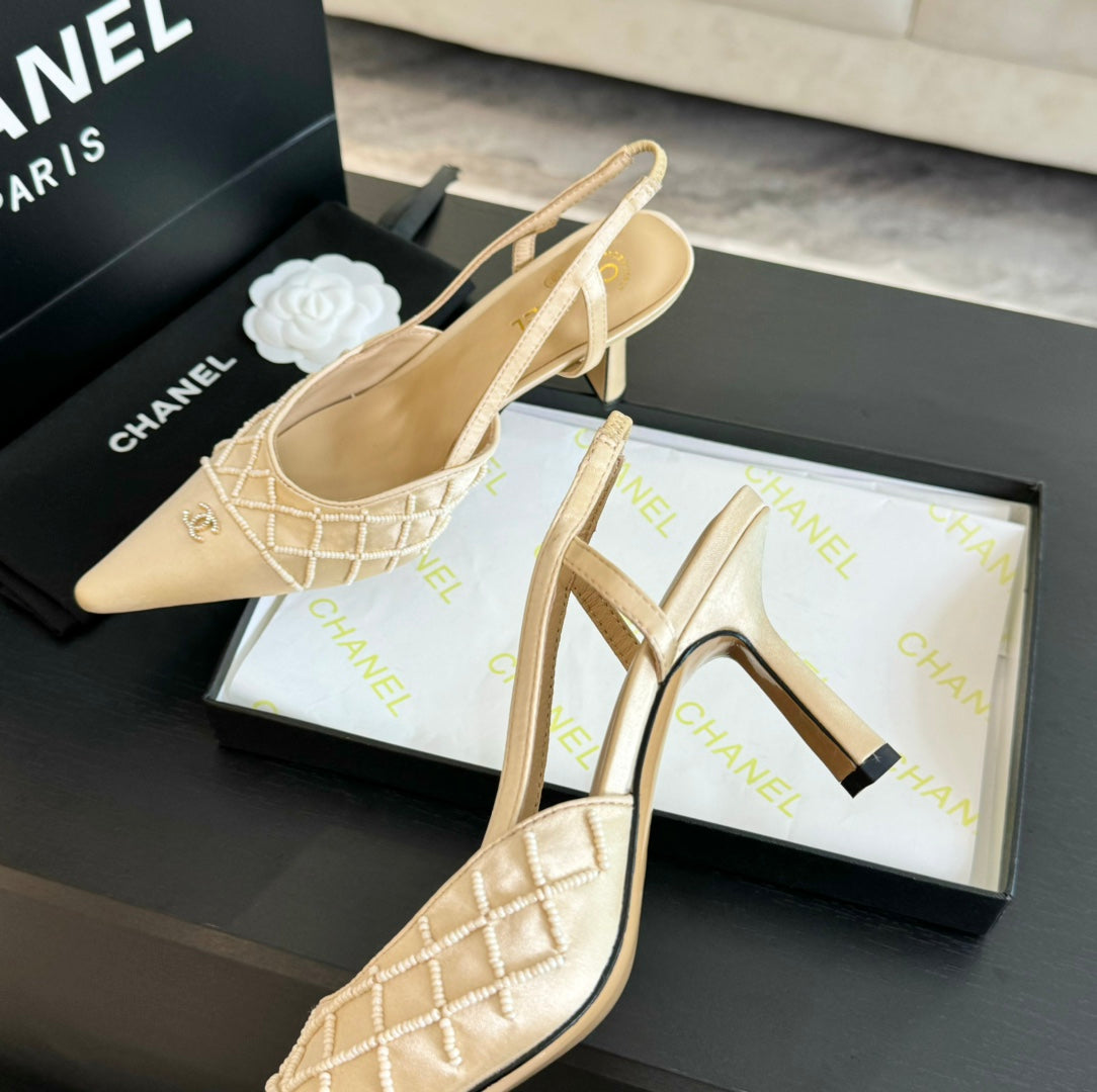 Chanel Pointed Slingback Mid Heels Beige Cream Lambskin