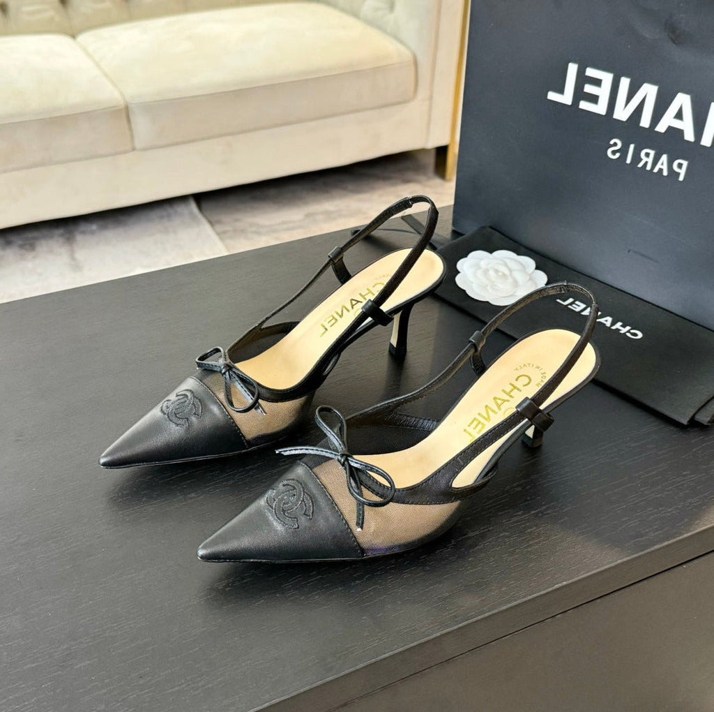 Chanel Mesh Logo Slingbacks in Black Lambskin