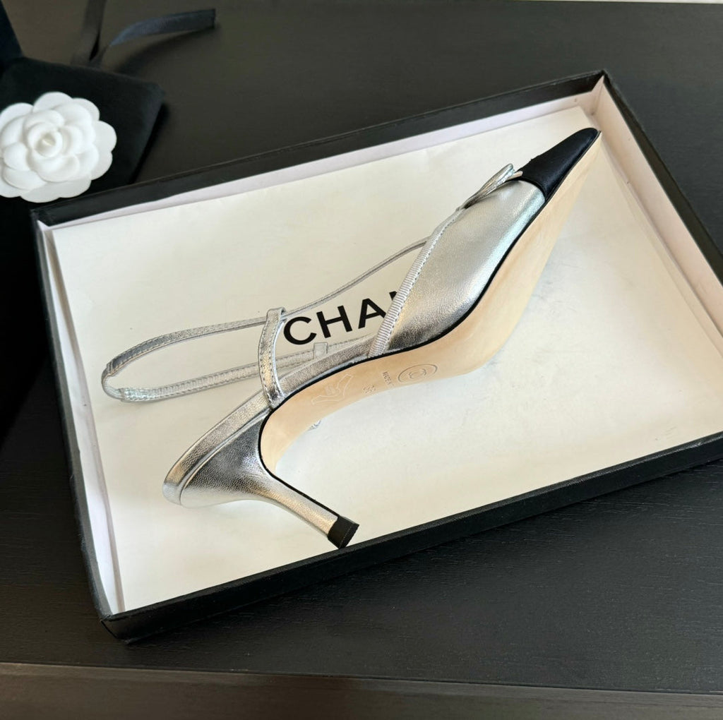 Chanel Slingback with Bow in Silver Mix Black Lambskin