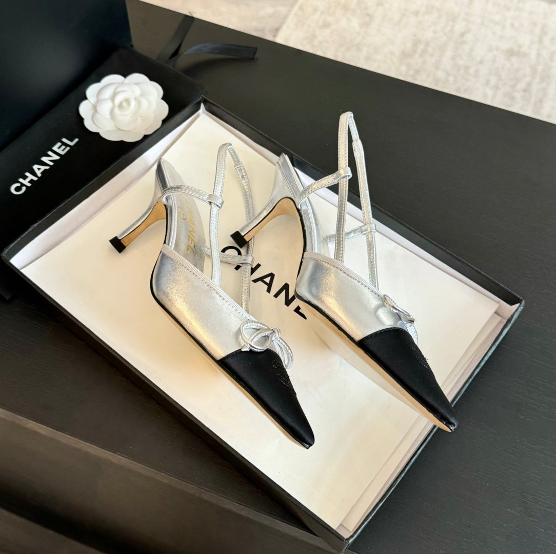 Chanel Slingback with Bow in Silver Mix Black Lambskin