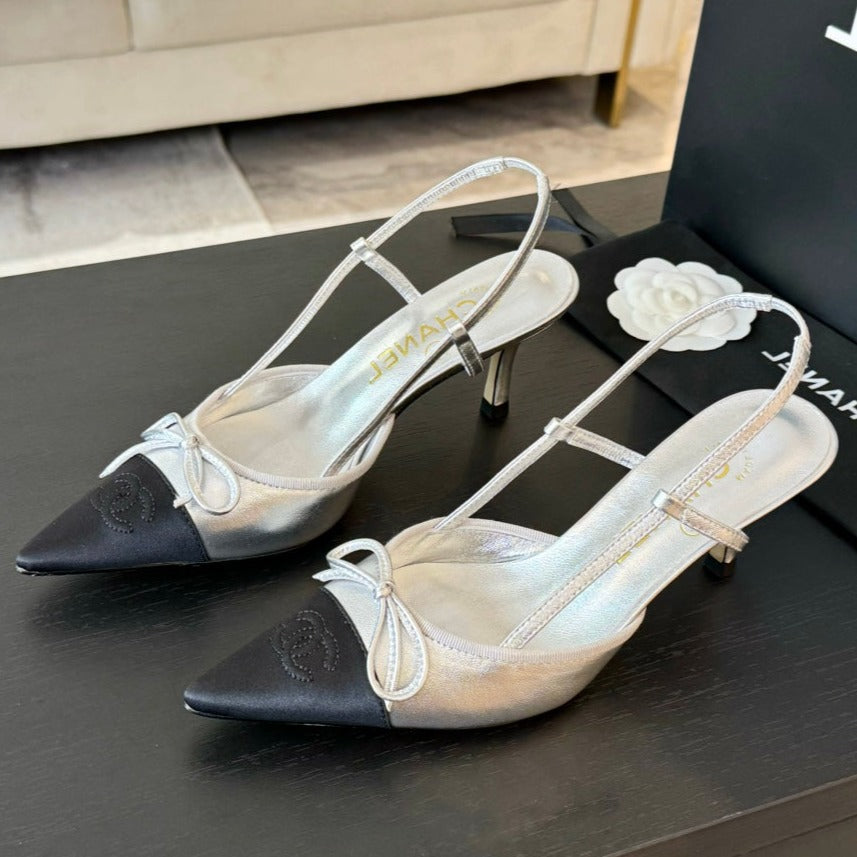 Chanel Slingback with Bow in Silver Mix Black Lambskin